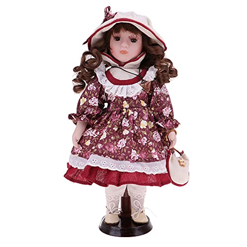 Fityle 12'' Porcelain Victoria Doll,Porcelain Doll Victorian Girl Standing Figures with Wooden Stand,Beautifully Clothes Dolls for Kids Adult Collections