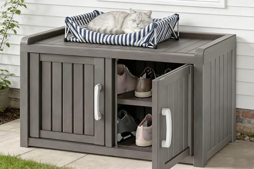 NBYSGO 2-Tier Storage Bench Waterproof UV-Resistant Outdoor Shoe Storage Cabinet with 2 Doors & Adjustable Shelves for Indoor Outdoor Entryway Hallway Living Room (Classic Grey)