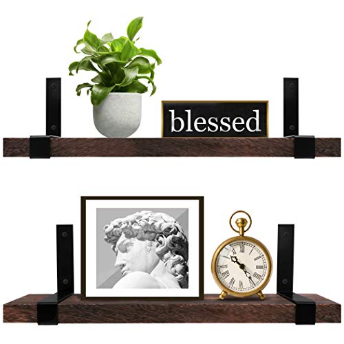 LAVIEVERT Wall Mounted Floating Shelves Rustic Wood Storage Rack for Bedroom, Living Room, Bathroom, Kitchen, Office - Set of 2 (Brown)