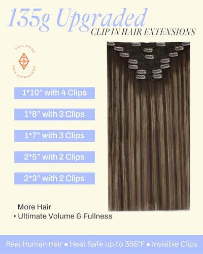Image of Full Shine Dark Brown Clip in Hair Extensions, 18 Inch 135g 7Pcs | Balayage Dark Brown to Ash Brown Hair Extensions Clip ins, Thick Remy Hair, Full Head Look, Office to Weekend Styles