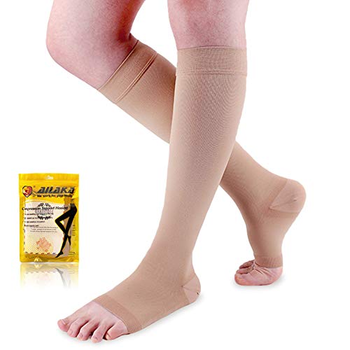 Ailaka 20-30 mmHg Knee High Open Toe Compression Calf Socks for Women and Men, Firm Support Graduated Varicose Veins Hosiery, Travel, Nurses, Pregnancy, Recovery (Beige, Large)