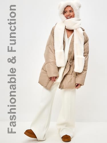 LATTEMARMALATTE Cute Cat Ears Winter Hat, 3 in 1 Plush Animal Hat with Mittens & Scarf, Faux Fur Hood for Kids Adults3