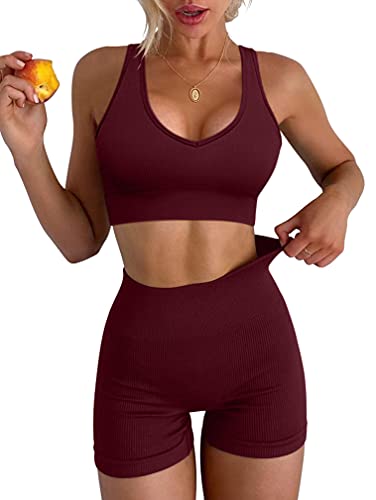 LNSK Women 2 Piece Workout Set Seamless Super Soft Ribbed Deep V Neck Bra Gym Shorts Sports Suit Yoga Outfits WineRed