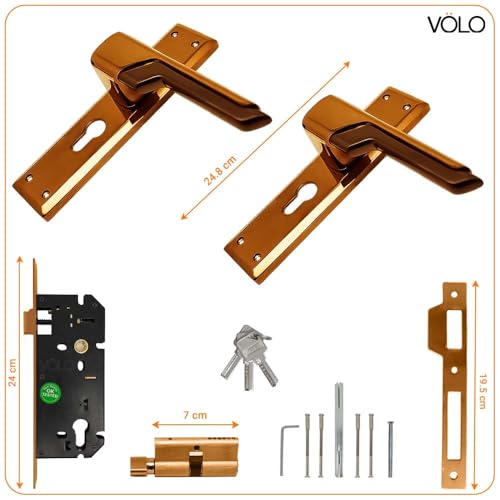 Image of Volo Luxury Series 10 inch Handle On Plate Mortise Door Lock | Bedroom Door Lock with Brass Cylinder and 10 inch Lock Body for Home /Hotels /Office with 3 Brass Computerised Keys (PVD Rose Gold)