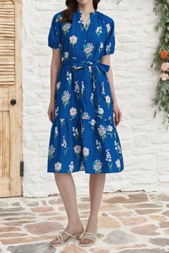 Women Summer Floral Midi Dress Puff Short Sleeve V Neck Button Belt Casual Flowy Maxi Beach Vacation Dresses4