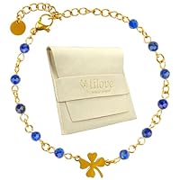 TILOVE, pulsera de piedra natural de Lapis Lazuli, litoterapia para mujer con trébol de suerte de acero inoxidable. Diseñado en Francia. Pulsera Chakra Bienestar. Idea de regalo para mujer, 16cm + 5cm