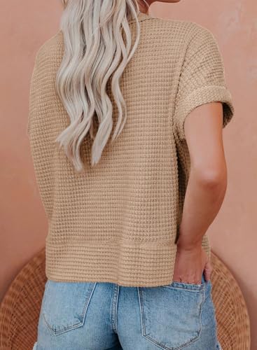 Image of Dokotoo Womens Summer Tops 2026 Waffle Knit Button Down Shirts | Trendy,V Neck,Loose Fit,Jacket,Short Sleeve,Summer Cardigan,Cropped,Shacket,Going Out Outfits,Dressy