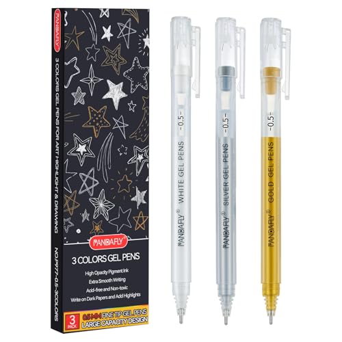 PANDAFLY Gold Silver White Gel Pens 3-Pack 0.5mm Fine Point Opaque 3 Colors Archival Ink Pens for Highlights Black Paper Drawing Sketching Illustration Card Making Bullet Journaling