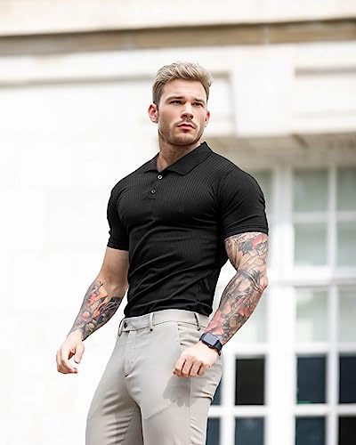 Lehmanlin Men's Muscle Polo Shirts Long&Short Sleeve Casual T- Shirts Slim Fit Stretch Ribbed Golf Tops4