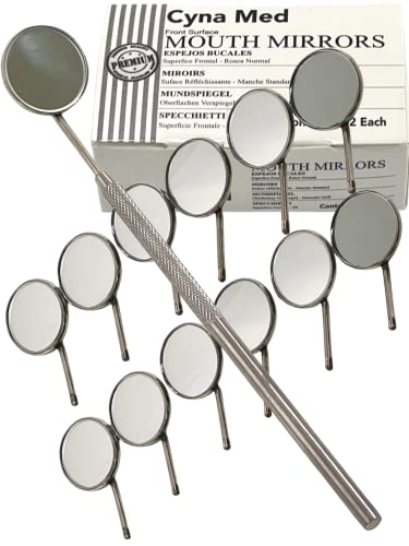 12PK Dental Mirror #4 Front Surface with Handle Stainless Steel Oal Care Mouth Inspection Instruments (12PK with Handle)