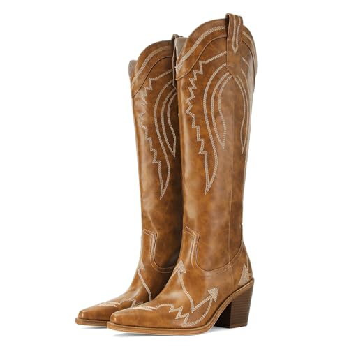 Cowboy Boots for Women Knee High Western Tall Long Cowgirl Boot Comfortable Retro Vintage Country Concert Embroidery Pointed Toe Block Chunky Heel3