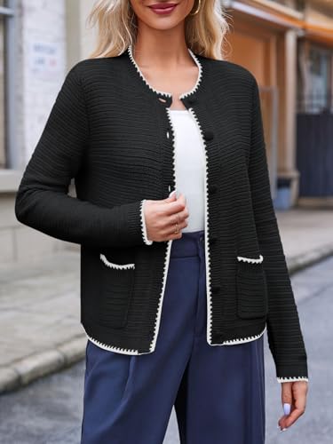 Image of Saodimallsu Womens Button Down Cardigan Sweaters Long Sleeve Open Front Cropped Knit Jacket Coats with Pockets