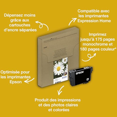 Multipack de cartouches d’encre d’origine Epson Claria 18 Pâquerette- 4 couleurs : cartouches Noir, Cyan, Magenta, Jaune - 1 x 5,2 ml, 3 x 3,3 ml - Fabriquées par la marque pour des résultats optimaux