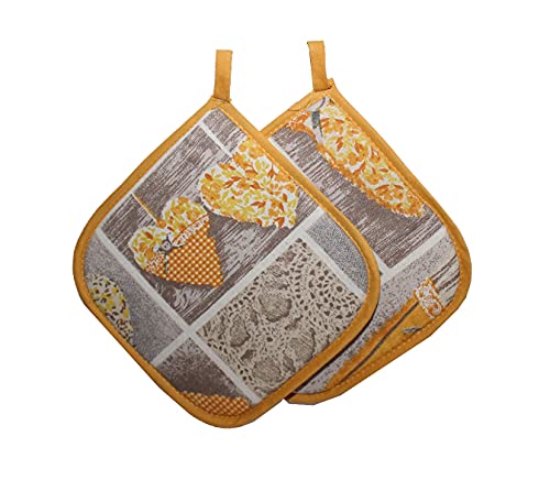 Russo Tessuti Coppia 2 Presina Forno Shabby Cuore Allungato Cucina Cordinato 19x19cm-Giallo