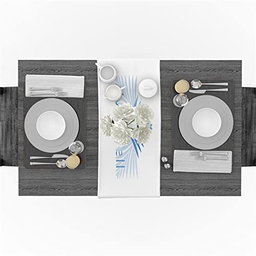 Chemin de table lin blanc bleu herbe motif de printemps décoration table été