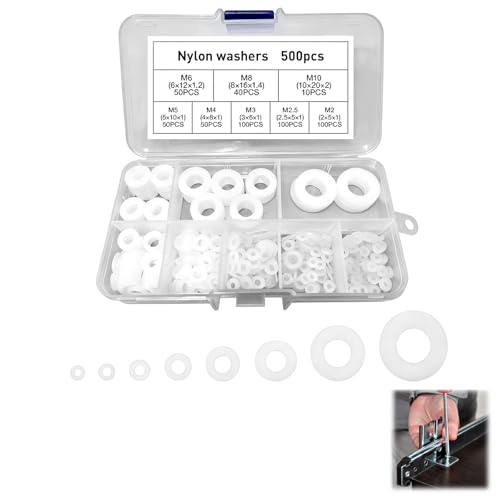 Set de 500 Arandelas de Plástico Nylon - Resistencia a la Corrosión y Buen Aislamiento - Tamaños M2, M2.5, M3, M4, M5, M6, M8, M10 -para Tornillos y Tuercas - Uso en Automoción, Electrónica y Decoraci