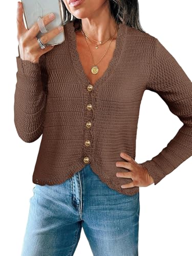 Image of Saodimallsu Womens V Neck Cardigan Sweaters Button Up Cropped Boho Knit Long Sleeve Loose Trendy Sweater Tops