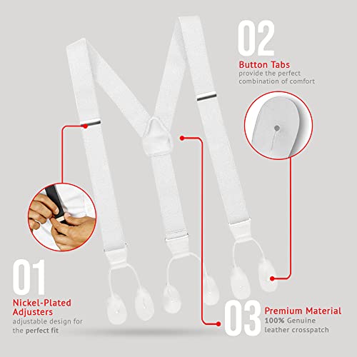 HOLD'EM Tuxedo Suspenders for Men Black Genuine Leather Button End 1.25 Inches Mens Braces Suspenders- White (Tall 54" Long) - Thumbnail 6