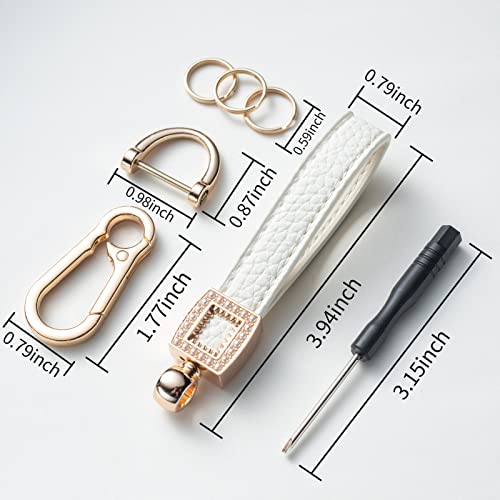 Gematay Microfiber Leather Car Keychain, Universal Car Key Fob Keychain Holder For Men And Women With 3 Keyrings, Anti-Lost D-Ring And Carabiner Clip, White #TOP3