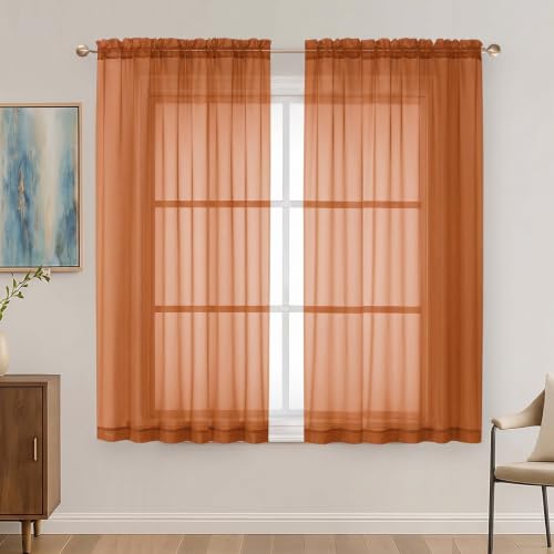 Image of Orange Sheer Curtains 63 Inches Long 2 Panels Set, Light Filtering Sheer Curtains for Living Room Bedroom 59 Inch Extra Wide, Modern Voile Filmy Rod Pocket Window Drapes, 59Wx63L Inches