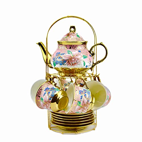 20 Pieces Porcelain Tea Set With Metal Holder, European Ceramic Tea Set For Adults,Flower Tea Set,Tea Set For Women With Flower Painting (Large Version, Pink) #TOP1