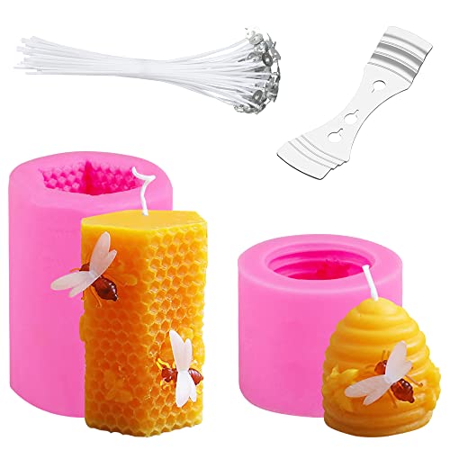 Moldes 3D de Silicona, MOPOIN Molde Velas 3D Forma de Panal Molde con 50 mechas de Vela y Soporte de Metal para Hacer Velas de Cera de Abeja casera, jabones, Barras de loción, chocolate, gelatina