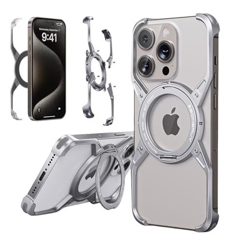 JUNENTER �d�b 15 Pro Max/15 Pro/15 �p���^���t���[�����X�P�[�X�AMagSafe �ƌ݊������蒴���^�A���~�j�E�������I�[�����E���h�ی�P�[�X�A360 �x��]�����O�X�^���h�t���A�V���o�[�A15 Pro