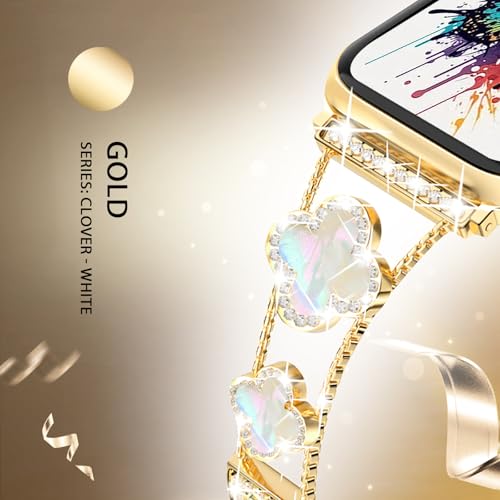Nyeneil Compatible With Apple Watch Ultra Band 42Mm 44Mm 45Mm 46Mm 49Mm Series 10 9 8 7 6 5 4 3 2 1 Smartwatch Wistband Bracelet Strap Lucky Clover Bracelet Iwatch Band For Women Gold+White thumb #4