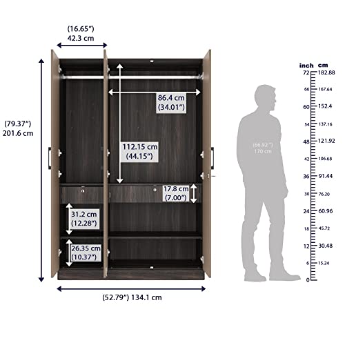 Image of Wakefit Wardrobe | 1 Year Warranty | Engineered Wood Almirah, Cupboard for Clothes Storage | 3 Door, 4 Shelves, 2 Drawers, 2 Hanging Space | Cashmere Plus - Wyoming Maple-Frappe