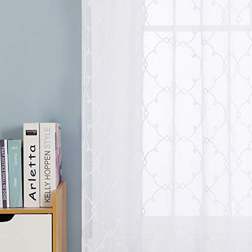 Deconovo Eyelet Faux Linen Net Curtains Embroidery Diamond Voile Curtains Super Soft Semi Sheer Curtains 55 x 70 Drop Inch White 1 Pair — image 1