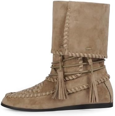 Suede Boots with Woven Details, Tassels and Fold-Over Cuff, Casual Comfortable Slouchy Flat Boots for Fall Winter Daily Wear