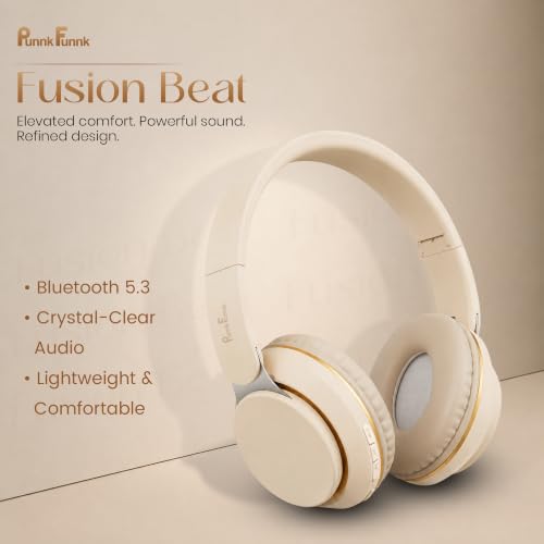 Image of PunnkFunnk FusionBeat Wireless Bluetooth Headphones with BT 5.3, Noise Cancelling, Hi-Res Audio, 40mm Drivers, Deep Bass, Memory Foam Ear Cushions, Over-Ear Headset, Teens & Adults (Beige)