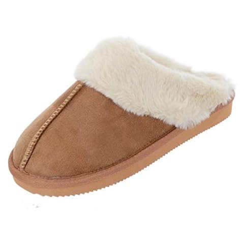 Autumn Faith Ladies Slippers Luxury Microsuede Mules Fleece Lining Non-Slip Sole Tan 4 UK Cover