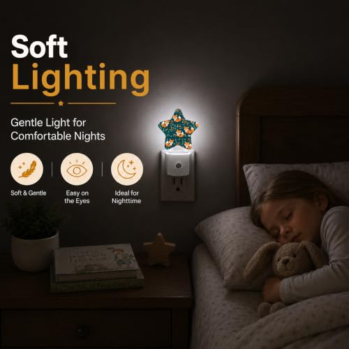 Image of Star Night Light Plug in, Fox Leaves Dusk to Dawn Sensor Night Light, Soft Glow Lamp for Kids Bedroom Nursery Hallway Bathroom, Energy Saving Compact Design