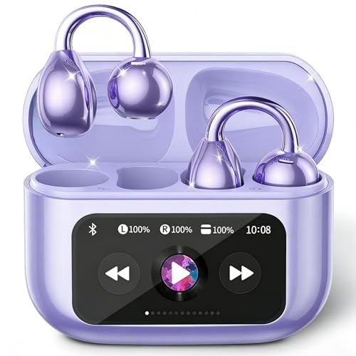 Elegant Touchscreen Clip-On Earbuds, Wireless Open Ear Headphones with 1.3' Color Display, Bluetooth 6.0, 50H Playtime, Ultra-Light 4.1g, IPX5 Waterproof, Perfect for Yoga/Running/Workouts,purple