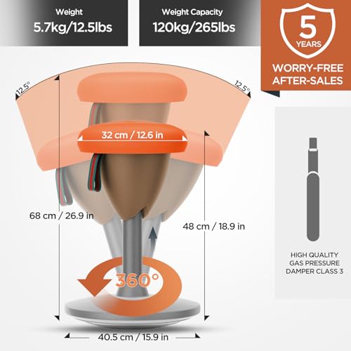 Image of XJ-HOME Height Adjustable Active Motion Stool, Standing Desk Wobble Chair, Ergonomic Stand Perch Sit Rotate 360 Balance Stool with Cushion & Non-Slip Base for Office Home Classroom Orange(Brown base)