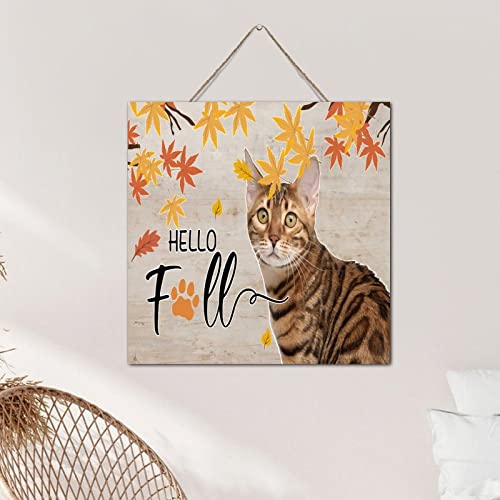 Feuilles d'érable orange et chat d'automne : ravissant panneau bois à suspendre chez soi