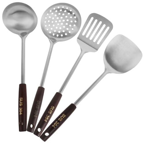 LAPYAPPE Juego de Utensilios de Cocina con Espátula y Cucharón de Acero Inoxidable 4 Piezas y Mango Largo de Madera para Saltear y Preparar Sopas