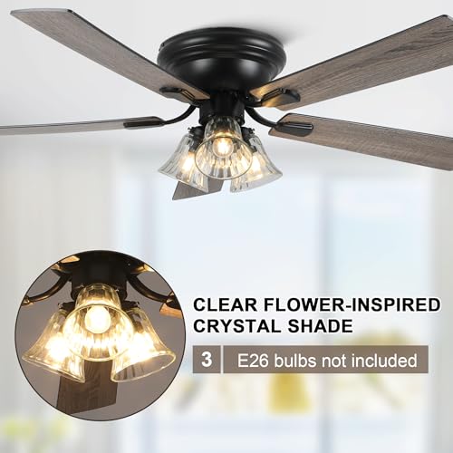 Image of Dawn Whisper 52 Inch Ceiling Fan with Light Flush Mount Classic Vintage Farmhouse Ceiling Fan with 3 E26 Covered Energy Efficient Light Bulbs Base