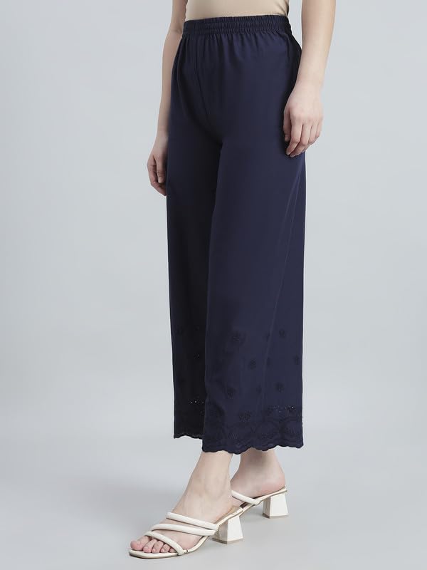 Image of GO COLORS Women Cotton Hakoba Wide Pant Ankle Length, Floral Embroidery, Relaxed Fit, Mid-Rise with Side Pocket