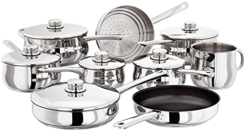 Image of Stellar Classic Set of 9 Stainless Steel Pans, 6 Deep Saucepans with Lids, Steamer, Non-Stick Frying Pan, Milk Pot, Dishwasher Safe