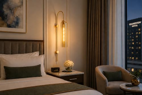 Image of Long Glass Wall Light with Modern Gold Finish Fixture Metal for Bedside, Bedroom, Living Room, Drawing Room, Passage, Show Peice, Home, Hotel, Bar, Cafe, with 30cm Long Bulb (Gold)