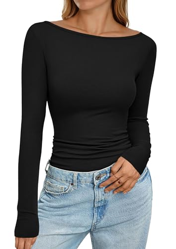 PRETTYGARDEN Long Sleeve Shirts for Women 2026 Fall Boat Neck Ribbed Knit Ruched Spring Going Out Tops Casual Basic Tees (Black,Medium)