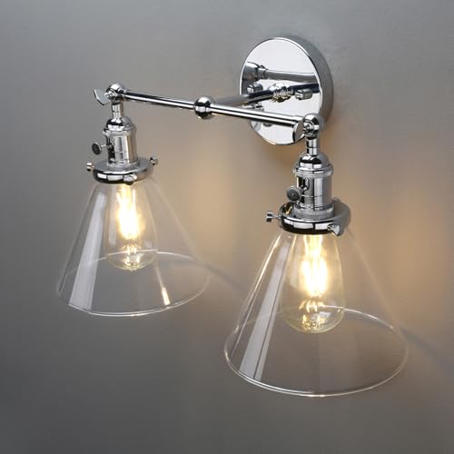 Image of PERMO Double Sconce Chrome Industrial 2-Lights Wall Sconces with Funnel Flared Glass Clear Glass Shade Vanity Light for Bedroom (Chrome)