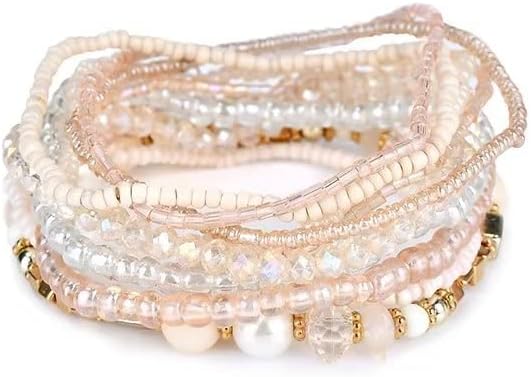 8 Sets Bohemian Stackable Bead Bracelets for Women Multicolor Stretch Beaded Bracelets Layered Bead Bracelet Set Boho Jewelry