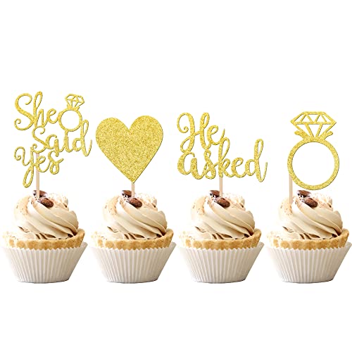 24 Pcs He Asked She Said Yes Cupcake Toppers With Glitter Heart Ring Bachelorette Cupcake Picks Wedding Engagement Bridal Shower Party Cake Decorations Supplies Gold #TOP7