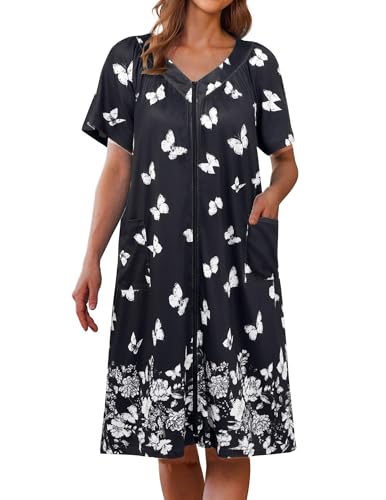 Ekouaer Cozy Robe for Women Short Sleeve Mumu Duster Robe with Zip up Housecoat with Pockets Soft Loose Casual Wear Day Dress White Butterfly S