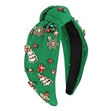 CAVETEE Christmas Headband for Women, Green Knotted Headband with Rhinestone Tree Snowflake Pearl Christmas Decorations Holiday Hair Accessoriess for Women and Girls