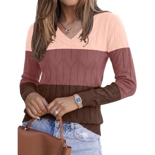AKEWEI Women's V Neck Long Sleeve Diamond Knit Col