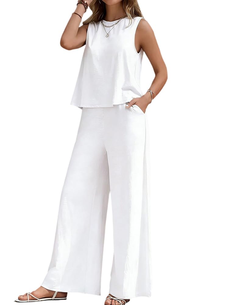 Ensemble Femme Ete Pantalon et Haut 2 pièces Ensembles Pantalons Taille Haute Jambes Larges + Débardeur Top Col Rond Tenue de Plage Casual